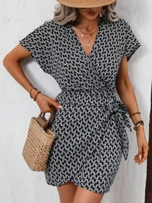 Breezaya Váy quấn eo in họa tiết đơn giản thoải mái cho kỳ nghỉ - màu đen - Xem 6