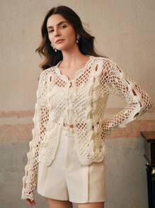 Anewsta Handmade Crochet 3D Lock Chain Floral Lace Faux Pearl Hollow-Out Versatile Cardigan - White - View 7