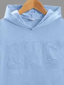 SHEIN Tween Boy Solid Color Long Sleeve Hoodie With Letter Graphic, Minimalist Design - Baby Blue - View 3