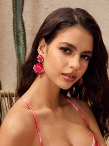 SHEIN VCAY Raffia Beads Tassel Minimalist Elegant Niche Casual Flower Dangle Earrings For Valentine's Day,Mom,Mother,Mother's Day,Gift - Hot Pink - View 3