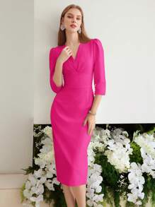 MOTF PREMIUM 褶饰开衩下摆连衣裙 - 玫紅色 - 查看 7