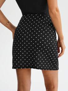 Wildy Women Polka Dot Print Split Hem Elegant Pencil Skirt For Work