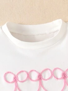 Baby Girl Casual Cute Bow Embroidered Round Neck Short Sleeve Tops, Versatile For Daily Wear, Summer