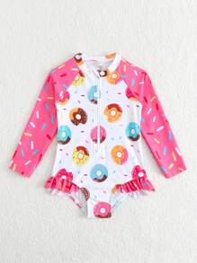SHEIN 女婴可爱甜甜圈印花荷叶边长袖连体泳衣，海滩度假 - 彩色 - 查看 5