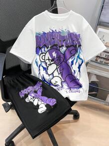 SHEIN 2pcs/Set Tween Boy Casual Street Graffiti Bear & Letter Print Crew Neck Short Sleeve T-Shirt And Pants Set, Suitable For Commute, School, Casual, Sports, Suitable For Spring And Summer, Party - Purple - View 1