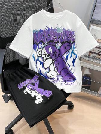 SHEIN 2pcs/Set Tween Boy Casual Street Graffiti Bear & Letter Print Crew Neck Short Sleeve T-Shirt And Pants Set, Suitable For Commute, School, Casual, Sports, Suitable For Spring And Summer, Party