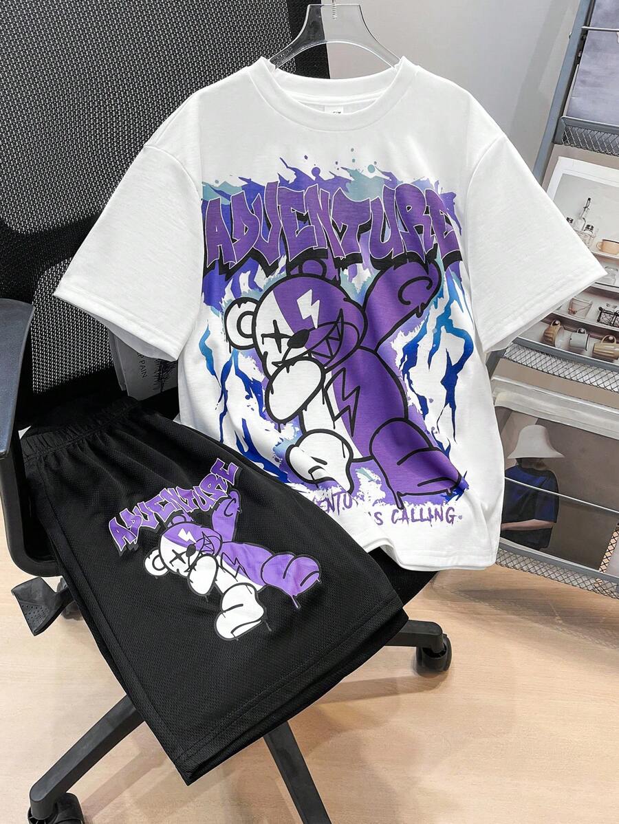 SHEIN 2pcs/Set Tween Boy Casual Street Graffiti Bear & Letter Print Crew Neck Short Sleeve T-Shirt And Pants Set, Suitable For Commute, School, Casual, Sports, Suitable For Spring And Summer, Party - Purple - View 1