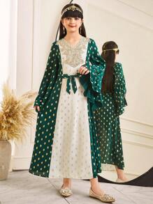 SHEIN Tween Girls Loose Casual Glittering Polka Dot Patchwork Ruffle Hem Color Blocked Dress - Green - View 5