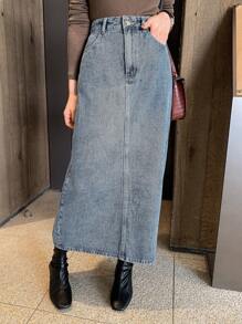 DAZY Western Style Women's Washed Slit Denim Mid-Length Skirt,Fall Clothes Jeans Skirt