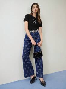 MOTF STUDIO RHINESTONE DETAIL BOW EMBROIDERY T-SHIRT,VALENTINE'S DAY,SPRING/SUMMER - Black - View 4