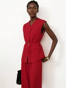 Aveloria Modichic Elegant Vest Jacket And Straight Wide Leg Pants Suit, For Commuting - Red - View 3