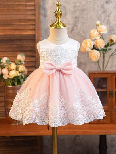 Glamorique Kids 女婴缎面网纱刺绣荷叶边粉色连衣裙，派对礼服和新年礼服，女婴洗礼服，带蝴蝶结