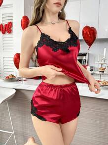 SilkySpell Ensemble de pyjamas pour femmes en faux soie avec empiècement de couleur contrastée en dentelle brodée