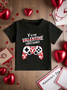Young Boy Valentine's Day Cool Gaming Console Graphic Short Sleeve Round Neck T-Shirt, Suitable For Summer, For Gifts - Black - View 3
