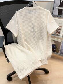 SHEIN 2 件套青少年男孩休闲简约百搭时尚超高性价比几何印花宽肩带针织背心短裤两件套春季服装；青少年男孩服装；青少年男孩夹克，春季返校