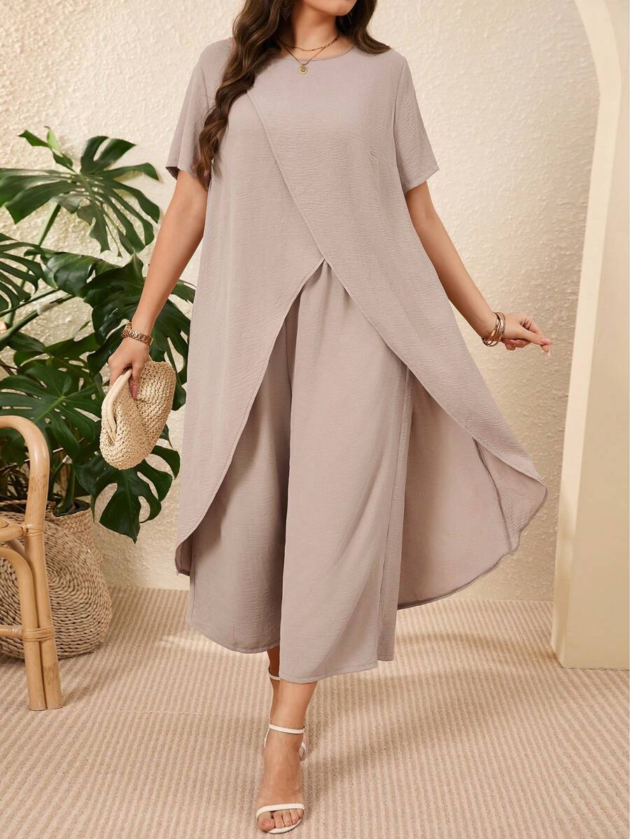 EMERY ROSE 大码女式纯色短袖不对称衬衫和裤子两件套，适合夏季度假装 - 卡其色 - 查看 1