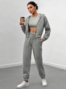 SHEIN LUNE Quý cô Màu thuần Quần skinny Áo ba lỗ Và Áo Zip Up Hoodie Và Tập thể dục Quần 3 cái/bộ - Xám - Xem 6