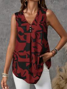 EMERY ROSE Women's Summer Sleeveless V-Neck Shirt With Geometric Pattern