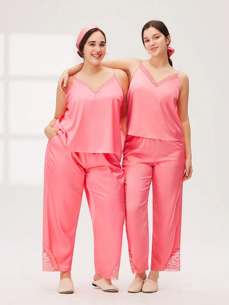 Plus Satin Lace Trim Camisole PJ Set