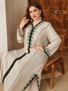 Al Najma 大码女式仿亚麻刺绣土耳其长款束腰外衣，带撞色刺绣 - 薄荷綠 - 查看 3