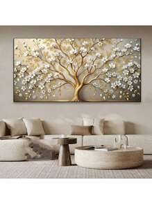 1pc Abstract White FLower Golden Rich Tree Poster And Prints Canvas Painting Wall Art Pictures For Living Room For Bedroom Office Decor Unframed