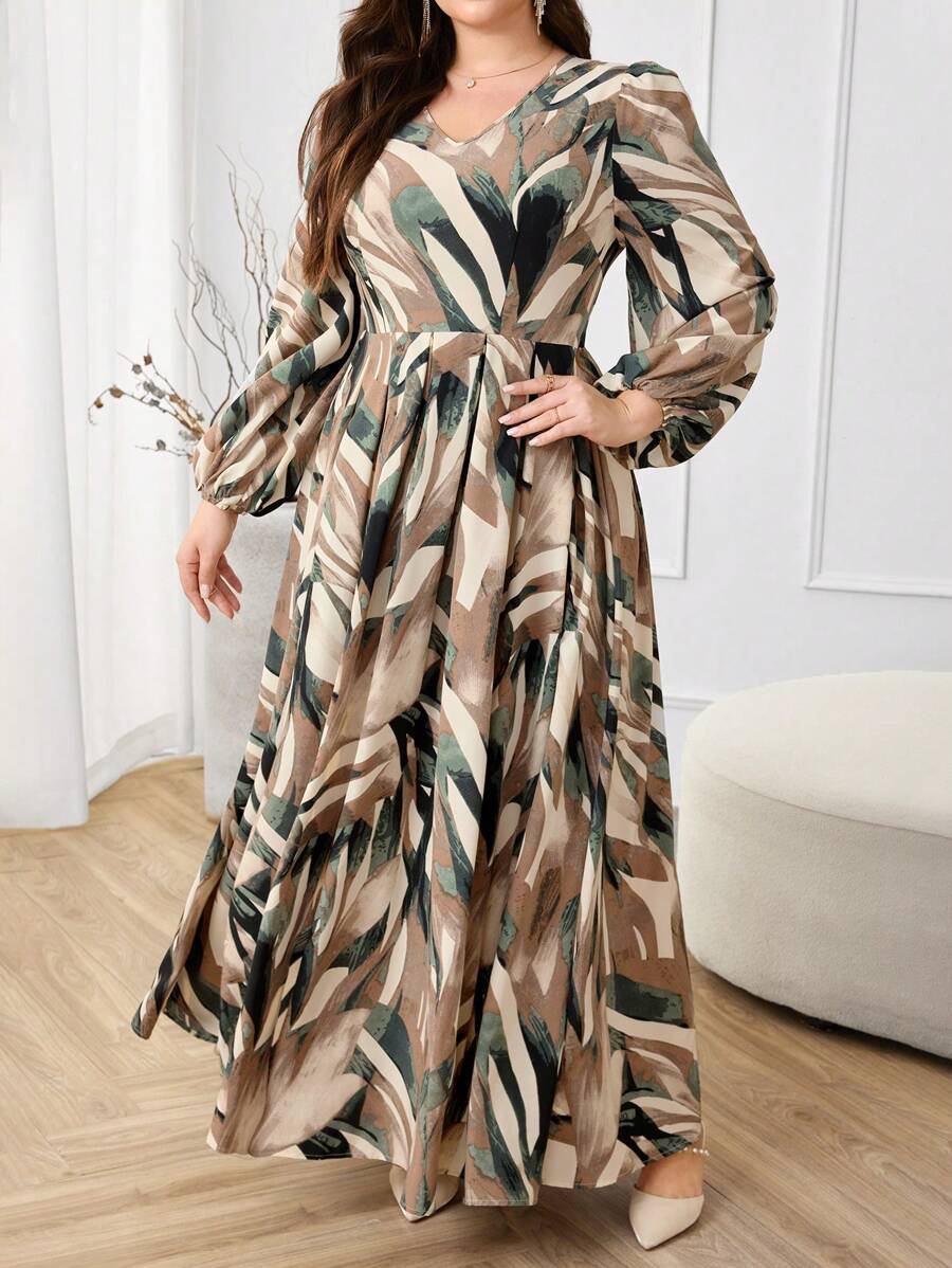 Modelyn Plus Size Women All-Over Print V-Neck Lantern Sleeve Elegant Dress - Multicolor - View 1