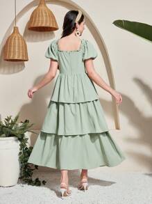 SHEIN Teen Girls' Green Elegant Luxurious Square Collar Ruffle Lightweight Party Princess Cake Tulle Layered Long Dress, Suitable For Spring/Summer, Elegant/Vintage, Vacation, Wedding Season, Princess Girls Dress, Valentine's Day/Easter - Green - View 2