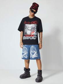 ROMWE MEN Anime 男式休闲牛仔短裤，带图形人物印花口袋 - 藍色 - 查看 2