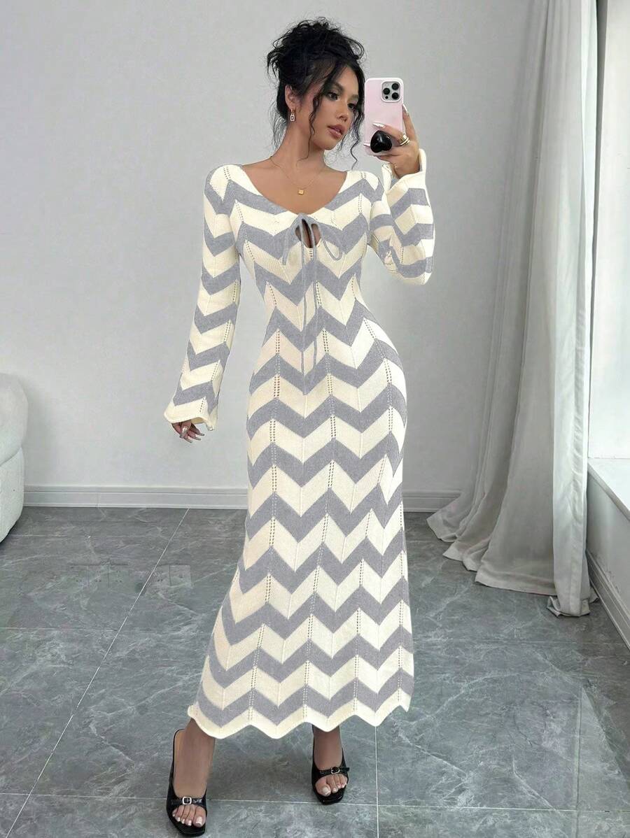 SHEIN Unity 女士条纹系带长袖修身超长毛衣连衣裙 - 淺灰色 - 查看 1