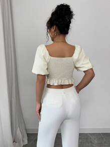 Elenzga Women's Elegant Fashion Date/Holiday Gentle Fairy-Like Ruffle Hem, Floral Decor, Solid Satin Blouse Valentine's Day