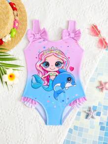 Young Girls One-Pieces SwimsuitCute Purple Blue Gradient Cartoon Mermaid Digital Print Sleeveless Briefs Swimsuit With Bow Perfect For Summer Trip To The Beach & Pool - Multicolor - View 3