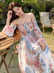 DAZY Women's All Over Floral Print Off Shoulder Midi Dress,Ruffle,Fall Dress Long Sleeve Dress Vacation Outfits Women - Beige - View 6