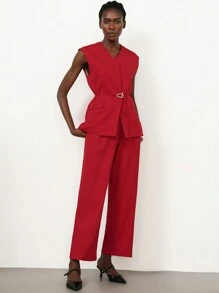 Aveloria Modichic Elegant Vest Jacket And Straight Wide Leg Pants Suit, For Commuting - Red - View 4