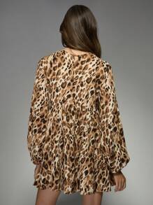 MISSGUIDED Leopard Print Tie Neck Babydoll Mini Dress Puff Sleeve Tiered Ruffle Fall Winter Spring Party Date Night Fashion Boho Chic Empire Waist - Multicolor - View 2