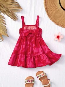 Travachic KIDS Baby Girl Summer Cute Vacation Red Leaf Print Sleeveless Dress - Pink - View 2