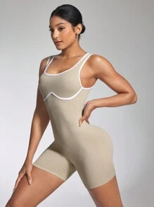 SHEIN Sovereign Charm Bộ đồ liền thân dây mảnh cho nữ có hiệu ứng nâng mông màu đào, đồ thể thao hở lưng, đồ tập Pilates cho yoga trên không, thiết kế mới - Màu Khaki - Xem 3
