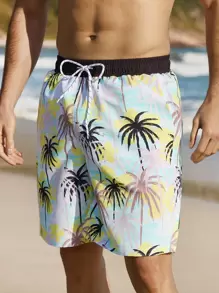 Surfspeed Men's Coconut Tree Print Drawstring Waist Beach Shorts Men Swim Trunks - Multicolor - View 3