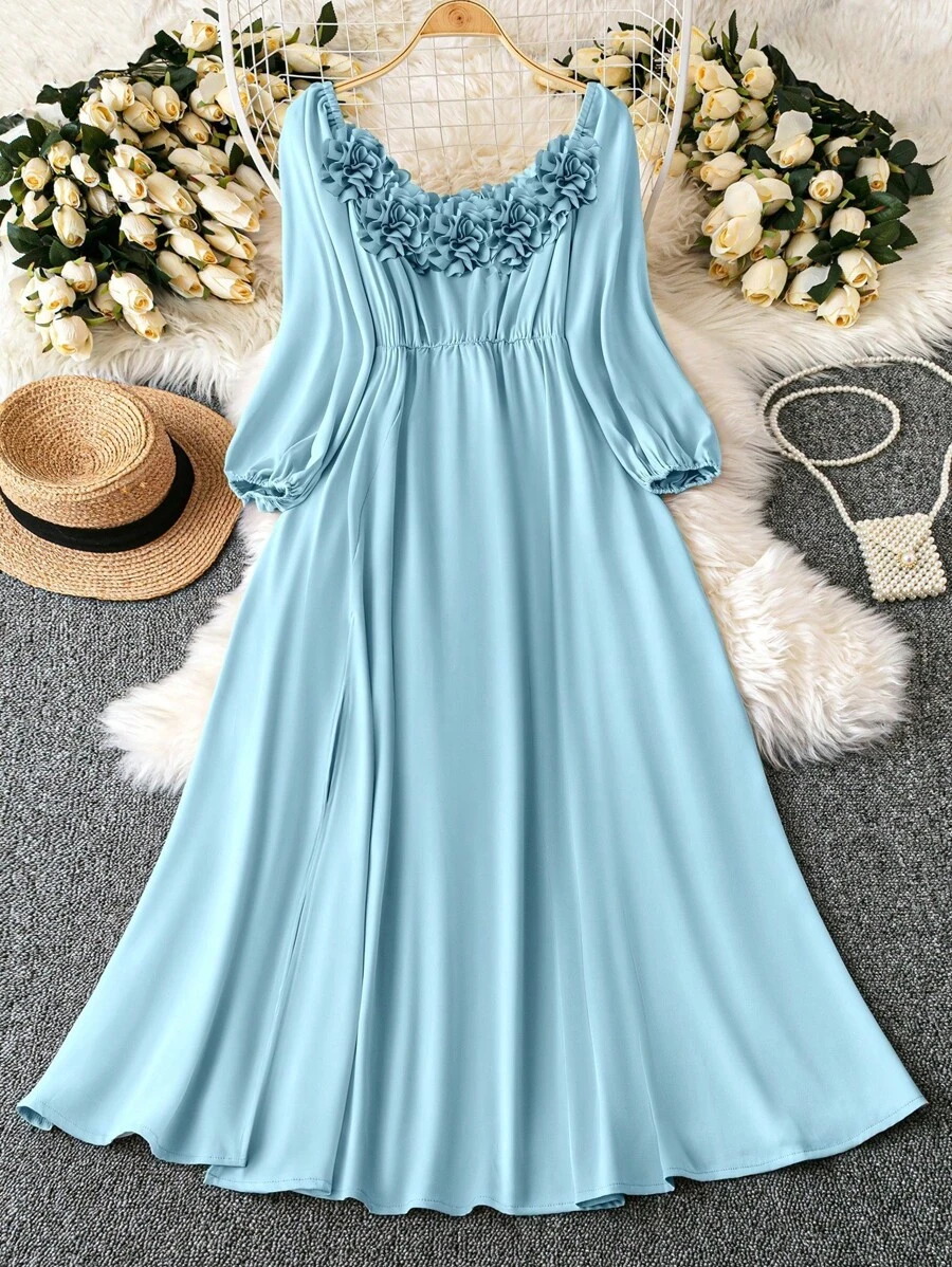 SHEIN LUNE Romantic Date  Plus Size Women Off Shoulder Solid Dress With 3D Floral Decor Maxi Women Outfit Fall Cloth For Women - Blue - View 1