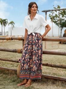 SHEIN LUNE Ensemble casual pour femmes composé d'une chemise unie avec nœud papillon et d'un débardeur à imprimé avec fine bretelle. Tenue occidentale pour femmes, idéale pour les vacances et l'été - Multicolore - Voir 8