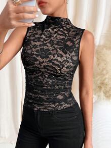 SHEIN Clasi Áo ba lỗ thời trang bó sát cổ ren cho nữ mùa xuân - màu đen - Xem 6