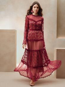 Anewsta Vestido largo A-line de princesa con cintura ajustada, de malla transparente con contraste de encaje bordado y diseño - Burdeos - Ver 5