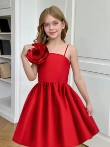 SHEIN Leap Crew Vestido de Festa Elegante de Cetim 3D com Estampa Floral Vermelha Sólida para Pré-Adolescentes, Vestido Assimétrico Halterneck, Adequado para Festa - Vermelho - Visão 2