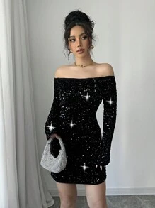 Elenzga New Women's Off Shoulder Dress Party Style Shiny High-End Tight Sexy Hip-Wrapped Long-Sleeved Party Dress - Black - View 4