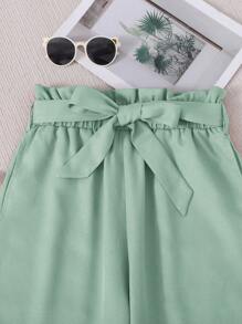 SHEIN 2 件套少女网眼面料蝴蝶结后背印花 T 恤和荷叶边腰带裤套装