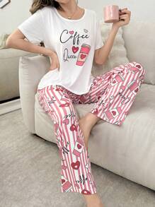 粉红爱心 & 咖啡印花短袖T恤和裤子套装 - 粉色 - 查看 5