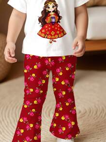 SHEIN 可爱斋月月亮和花朵印花女婴休闲简约短袖圆领 T 恤 + 喇叭裤套装，适合春夏季 - 彩色 - 查看 4