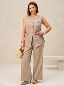 SHEIN Clasi Plus Size Women Spring Elegant Suit Set, Versatile For Daily Office Commute - Khaki - View 4
