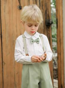 Souflis Souflis Vintage French Young Boys' Gentleman Outfit Set: Bow Tie White Shirt + Light Green Bib Pants, Spring/Summer - Green - View 1