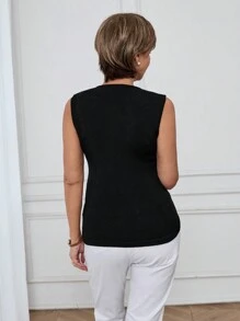 SHEIN LUNE Spring & Summer Casual Beaded Basic Sleeveless Sweater For Women - Black - View 2