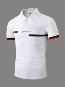 Manfinity Homme 男士休闲日常和商务通勤风格，经典黑、白、红拼色短袖高尔夫 Polo 衫，带纽扣门襟，适合情侣搭配、周年纪念日、情人节、新年和节日派对。非常适合作为送给男朋友或丈夫的礼物 - 白色 - 查看 3